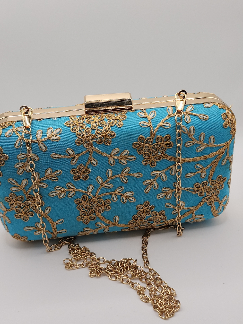Artisan Made Turquoise Blue Box Clutch Gold Embroidery Evening Bag Zari Zardozi